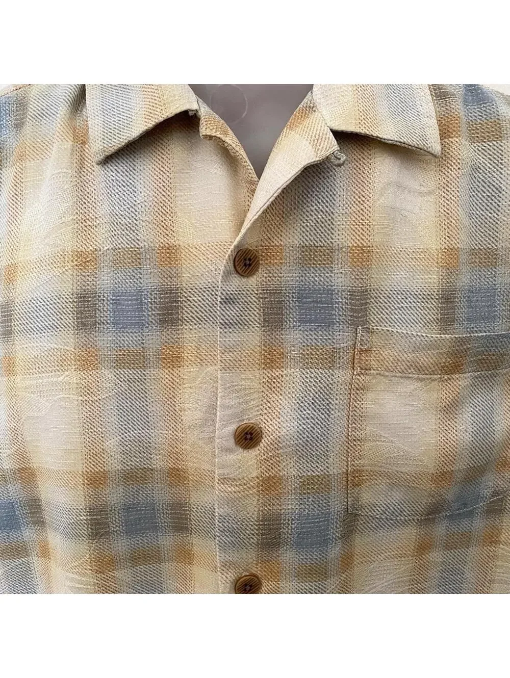 TOMMY BAHAMA 100% Silk Yellow & Blue Plaid Shirt Men M Medium